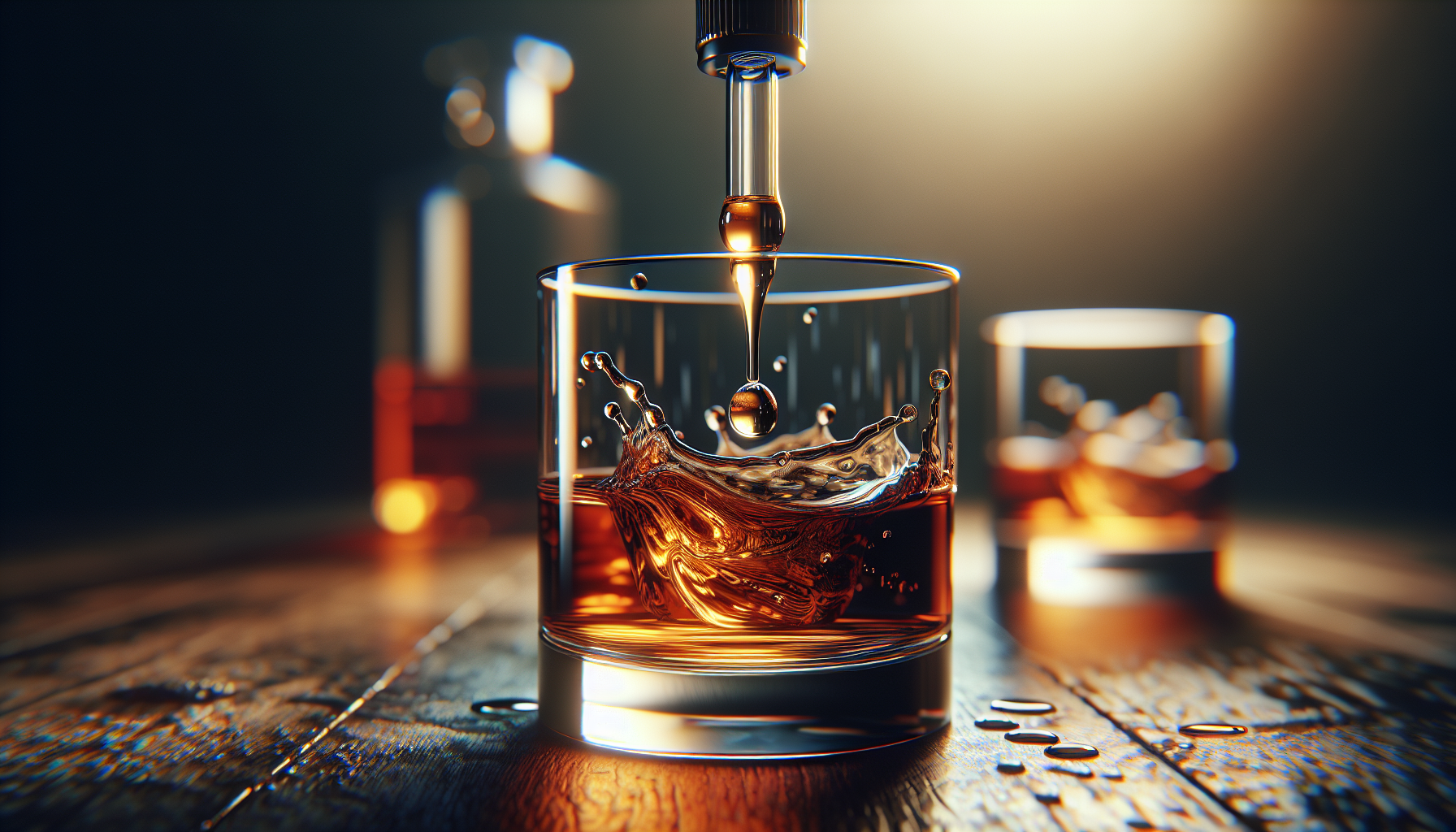 Close-up of water being added to whiskey with a dropper.