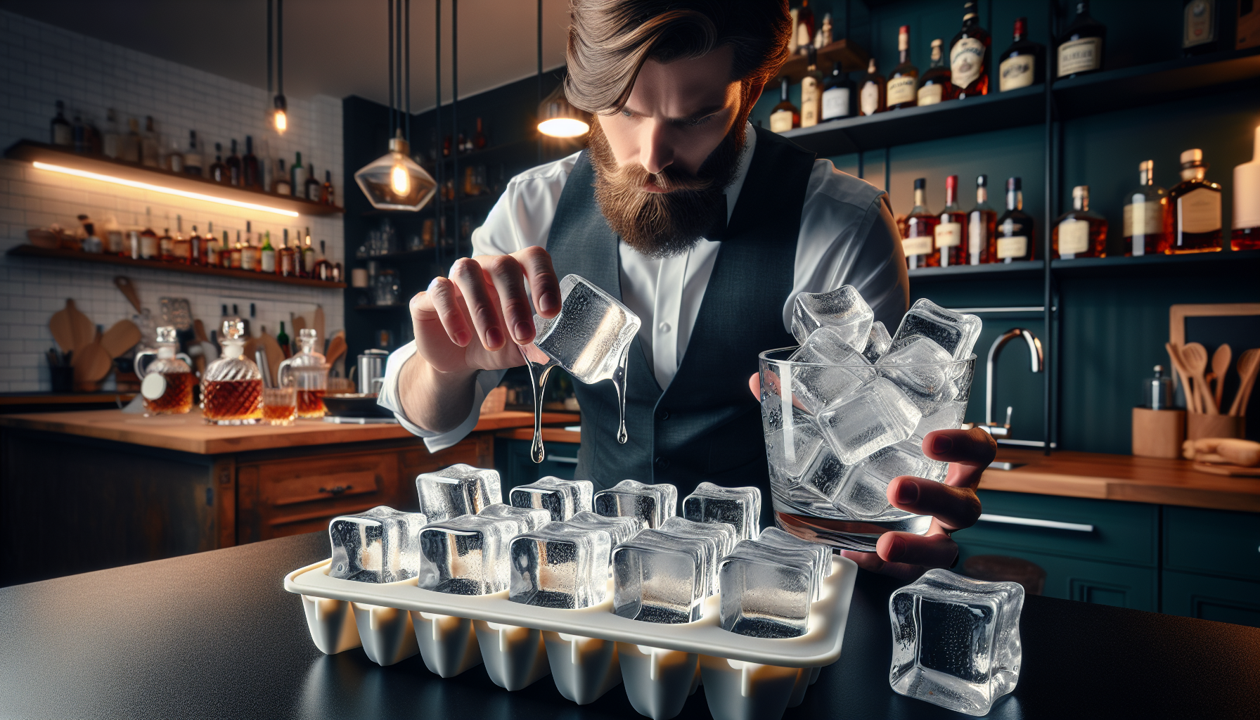 Home bartender preparing clear ice cubes in a silicone mold.