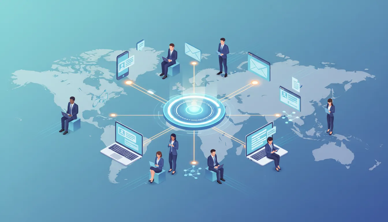 Isometric illustration of a glowing central digital hub connecting entrepreneurs worldwide to devices and abstract icons for CRM, lead capture, websites, AI workflows and contracts, representing GFunnel all-in-one business automation.