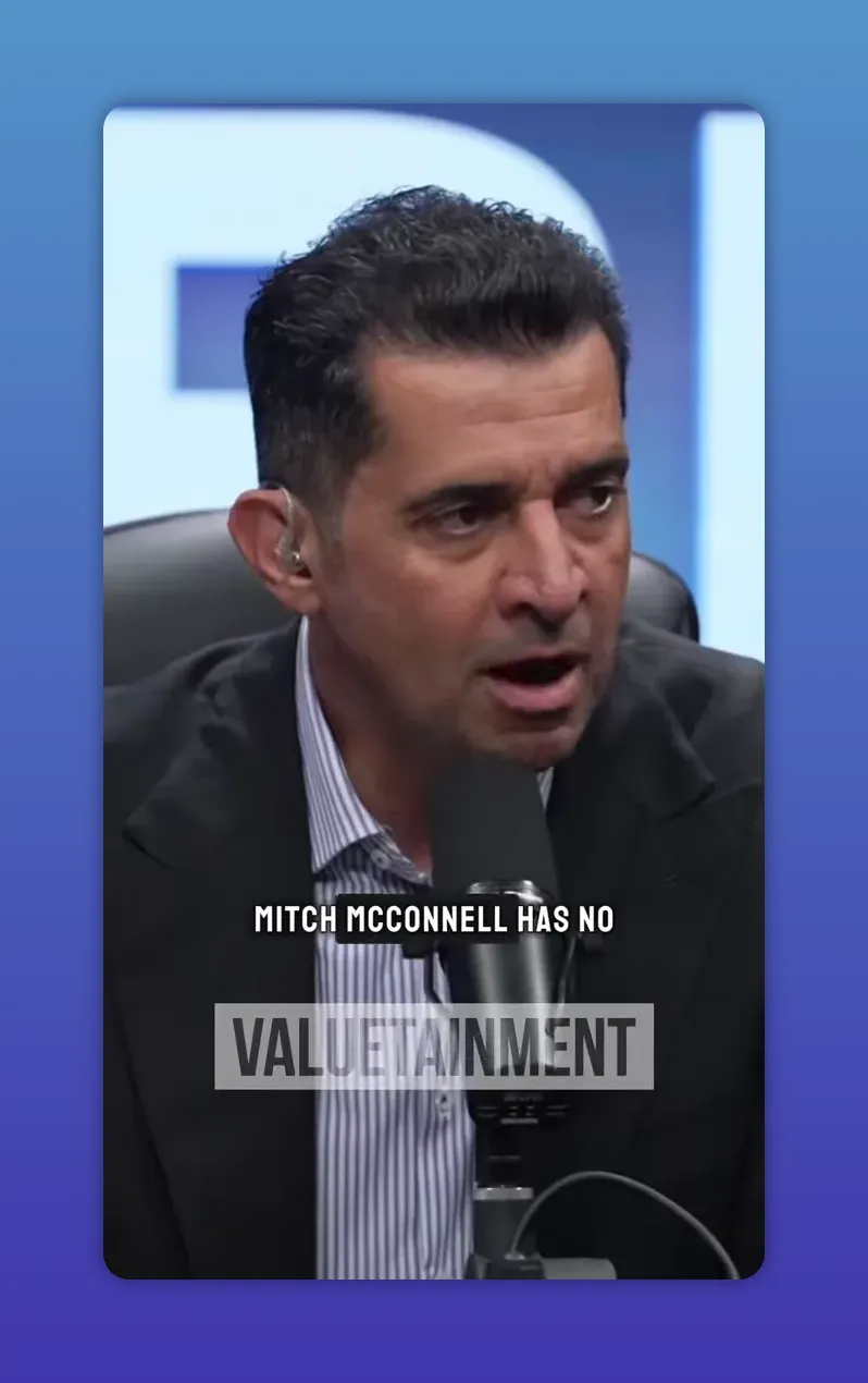 Close-up of Patrick Bet-David speaking into a microphone with caption text about Mitch McConnell