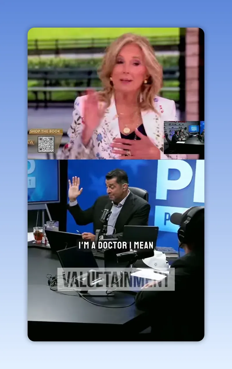 Split screen showing Jill Biden with raised hand and Patrick Bet-David reacting in the studio