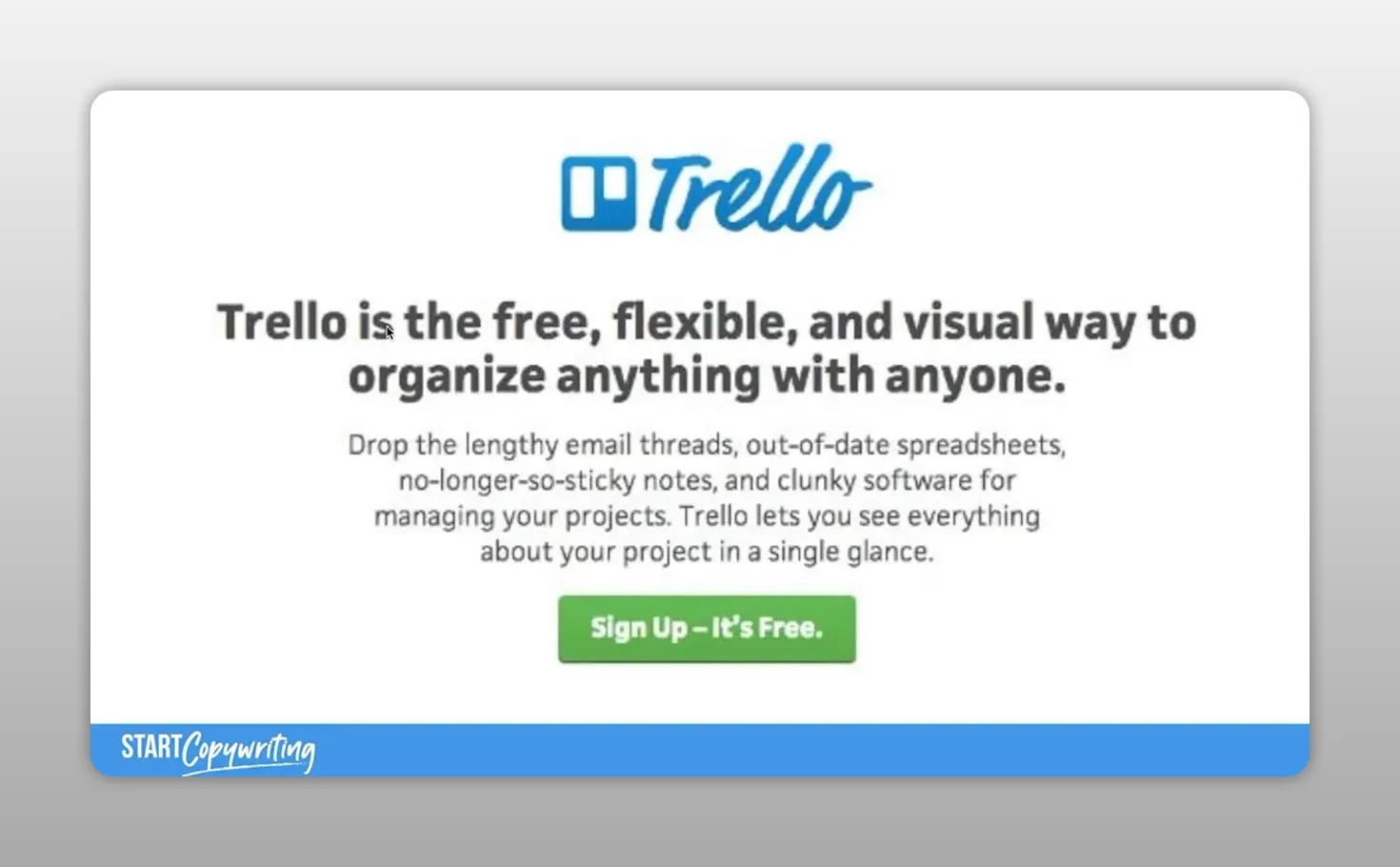 Trang đầu Trello hiển thị tiêu đề, đoạn mô tả và nút đăng ký