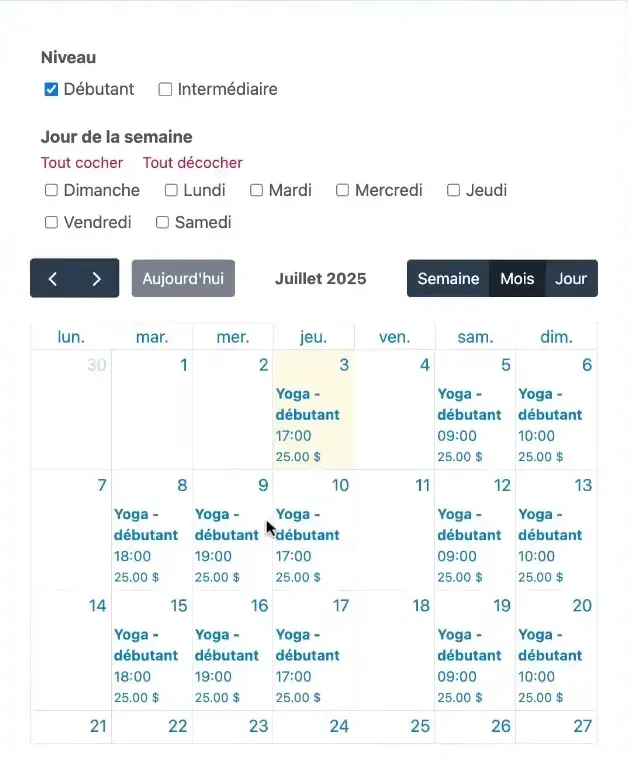 Liste de présence et gestion des inscriptions aux cours de yoga débutant