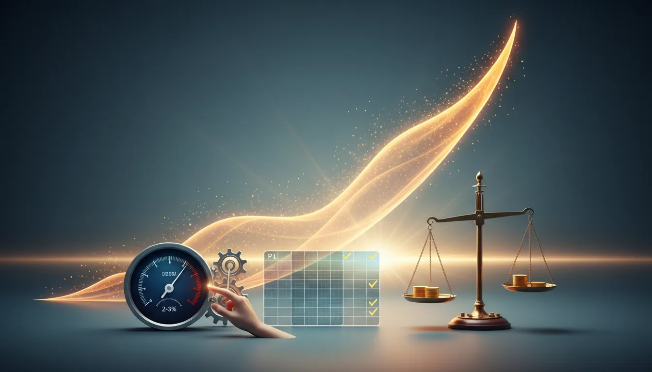 Stylized business scene: three small instruments (gauge, ledger tiles, balance scale) nudged slightly while a golden upward wave of particles and light rises behind them showing how 2–3 percent improvements compound into large profit growth