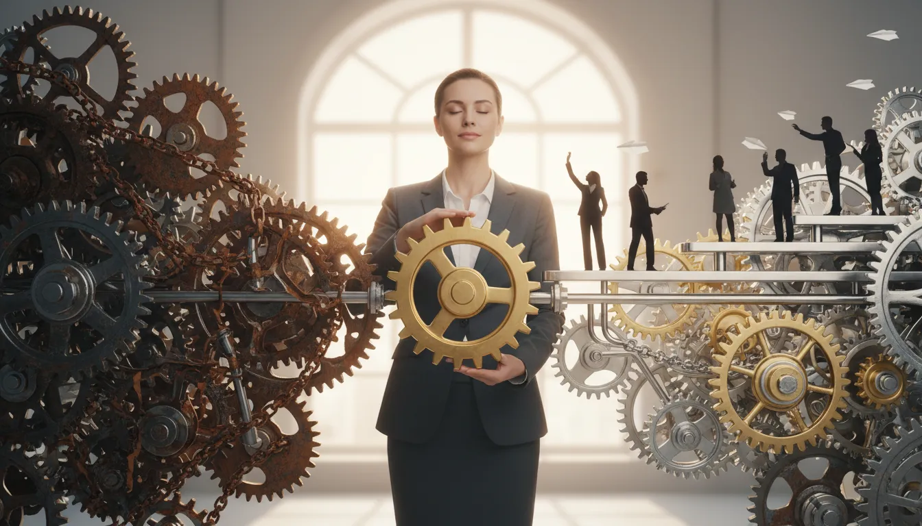 Business owner turning a single large gear that converts a tangled, rusty machine into organized gears while team silhouettes work independently