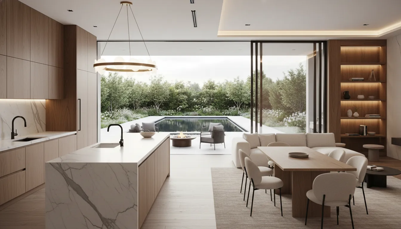 Photorealistic modern luxury open-plan interior with marble kitchen island, defined living and dining zones and floor-to-ceiling glass doors to a patio and pool