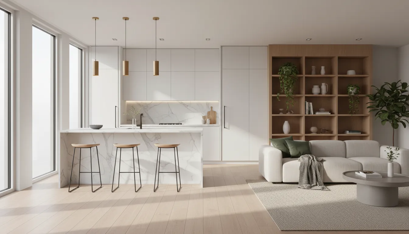 Bright open-concept kitchen and living room with a large island dividing functional zones and a clear walking path for smooth traffic flow