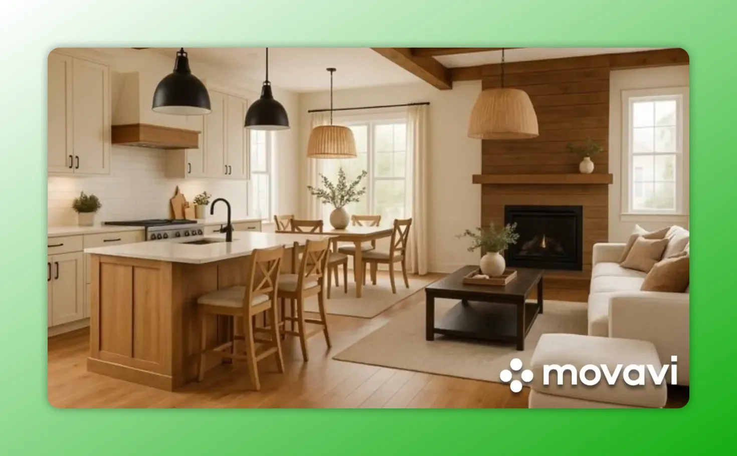 Warm hardwood flooring running continuously through kitchen, dining, and living areas in an open concept home