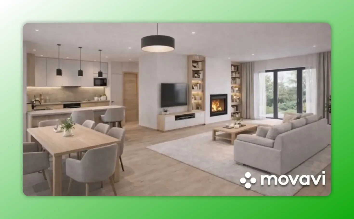 Open-concept kitchen and living room with a prominent island acting as a divider, bar stools, sofa and fireplace