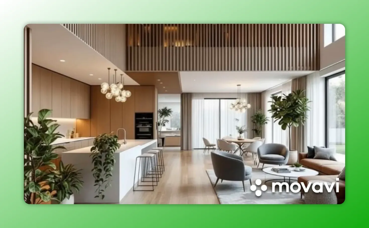 Spacious open-concept kitchen and living room with white island, wood accents, neutral furniture, and plants.