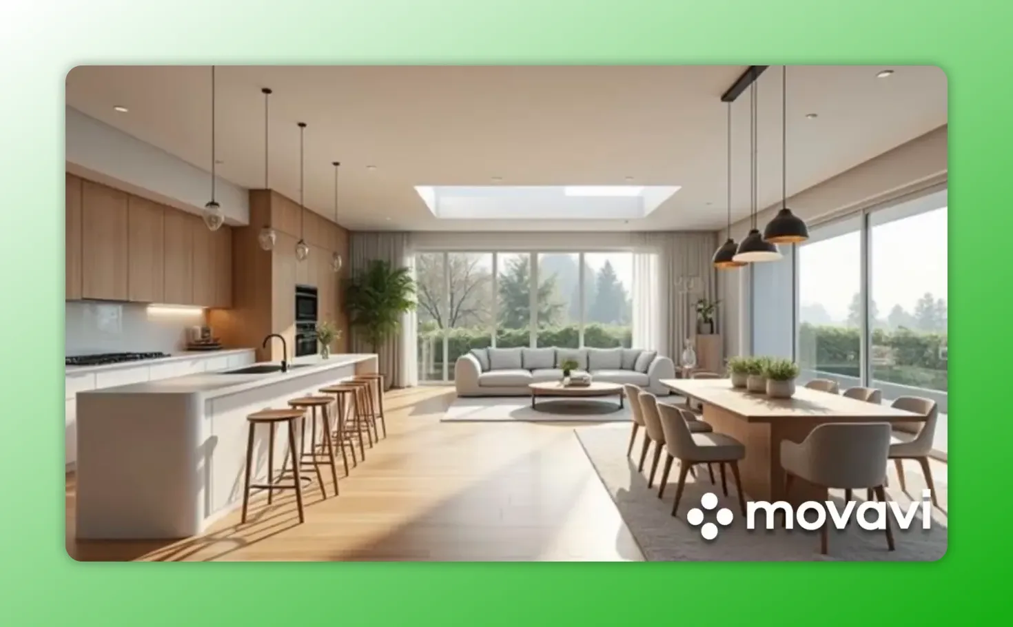 Bright open-plan kitchen and living room with pendant lights over the island, recessed ceiling lights, skylight and large windows