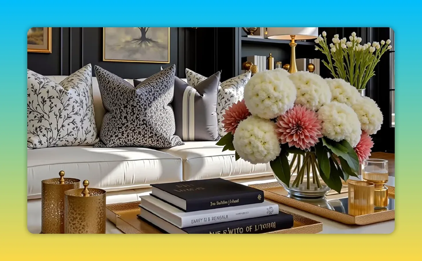 White sofa with patterned and textured throw pillows, coffee table with books, gold trays and a vase of flowers in a modern living room.