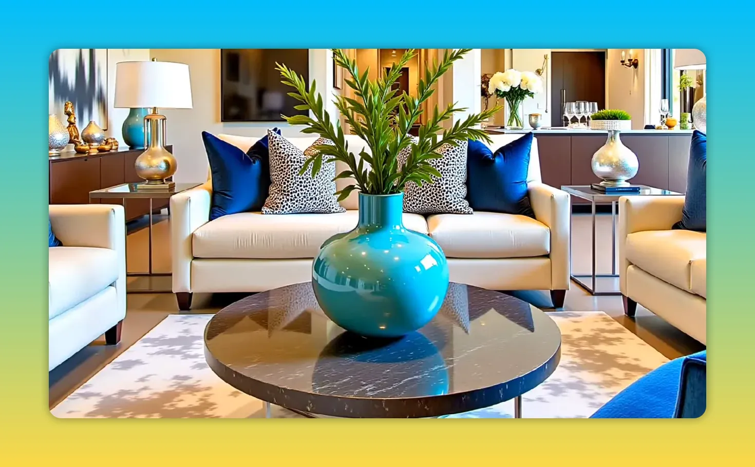 Modern living room with turquoise vase of greenery on a marble coffee table and neutral sofas