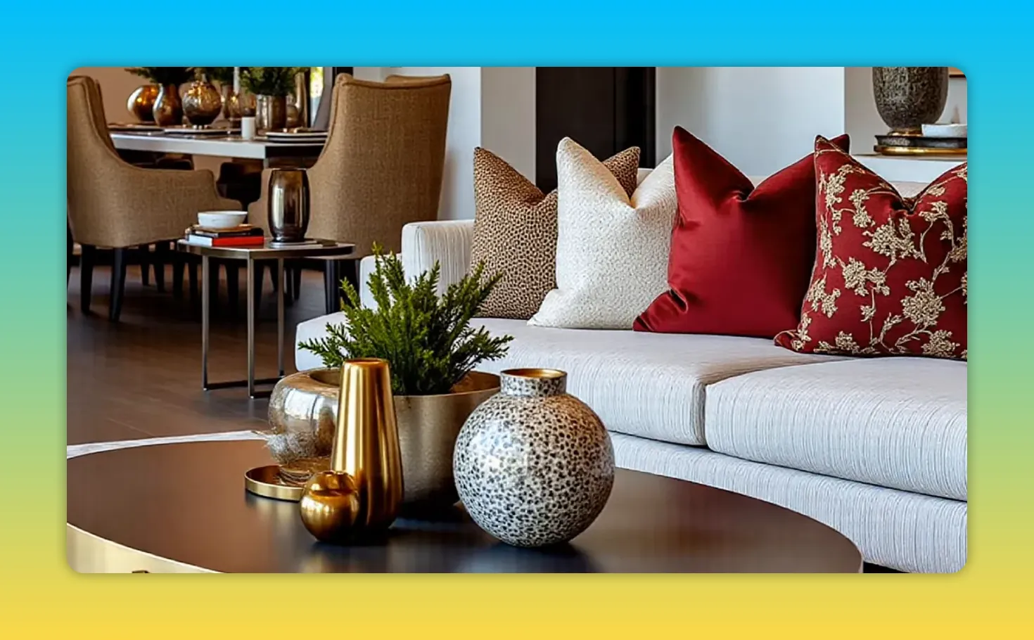 high-resolution modern living room neutral sofa red pillows gold vases close-up