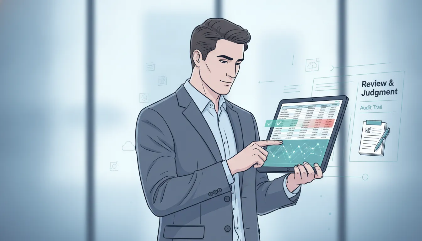 Illustration of an accountant using AI to review variances and reconciliation outputs while maintaining professional judgment and audit trail responsibility.