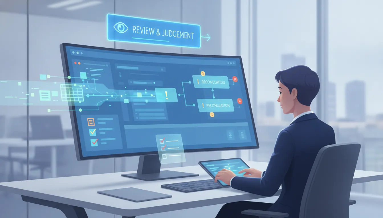 Illustration of AI automating accounting close data processing while an accountant reviews reconciliation exceptions and variances.