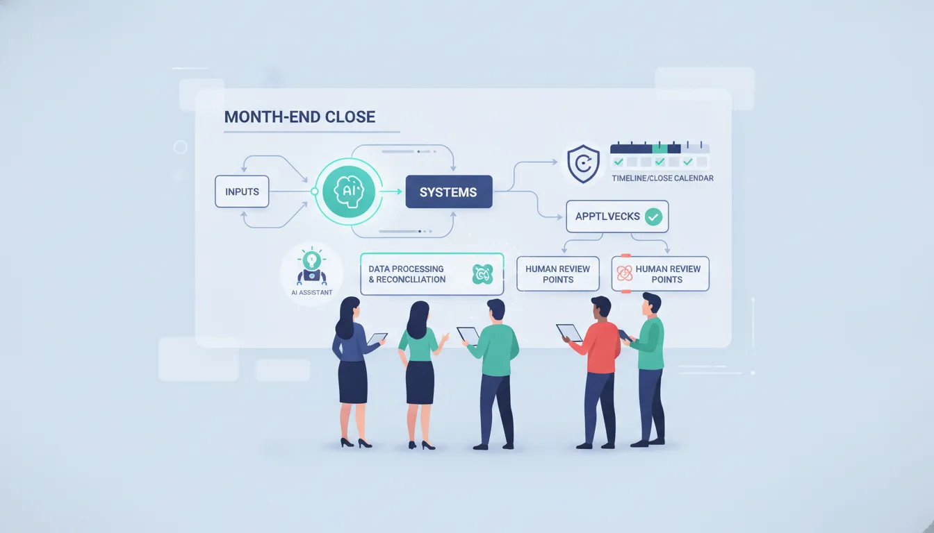 Accounting team mapping a month-end close workflow with AI-assisted data processing, approvals, and human review controls.