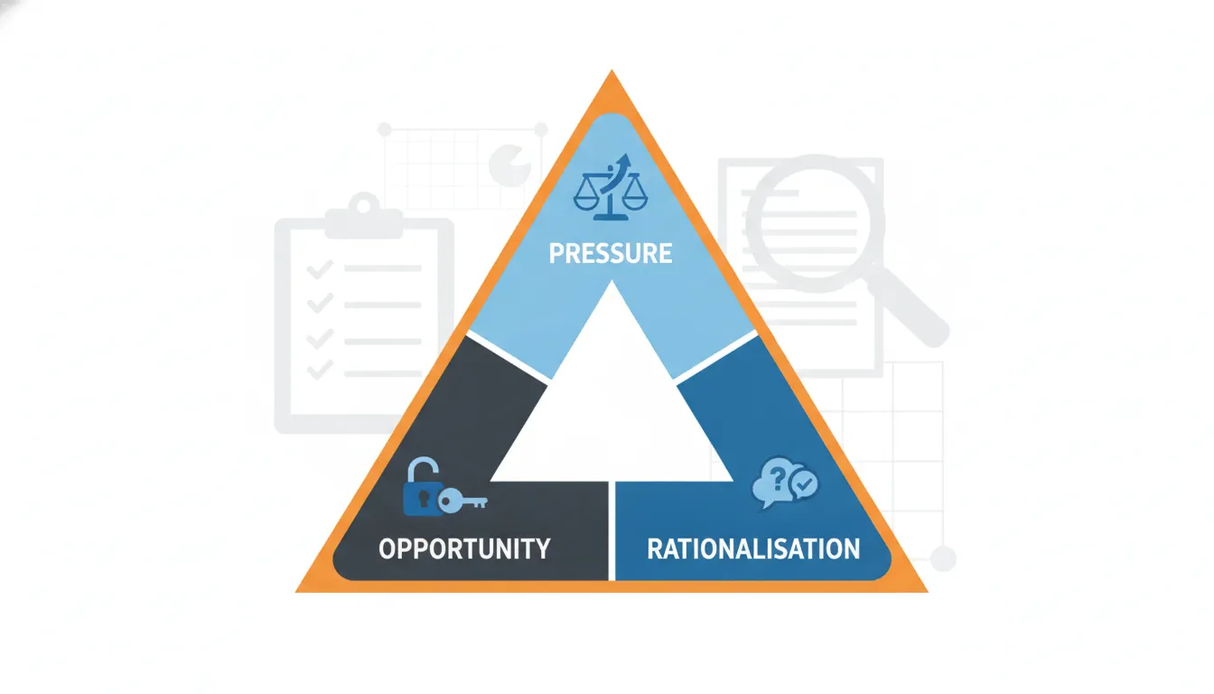 Infographic showing the fraud triangle—pressure, opportunity, and rationalisation—used in auditing and fraud risk assessment.