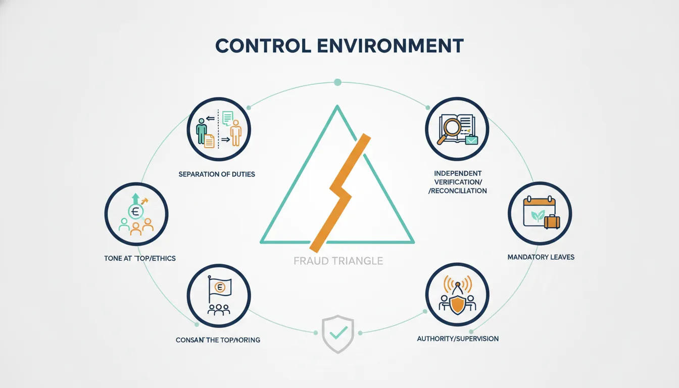 Infographic illustrating practical anti-fraud controls like separation of duties, independent reconciliations, mandatory leave, monitoring, and leadership supervision