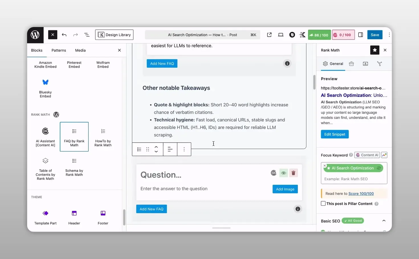 Trình soạn thảo WordPress đang mở khối FAQ với các trường câu hỏi và câu trả lời