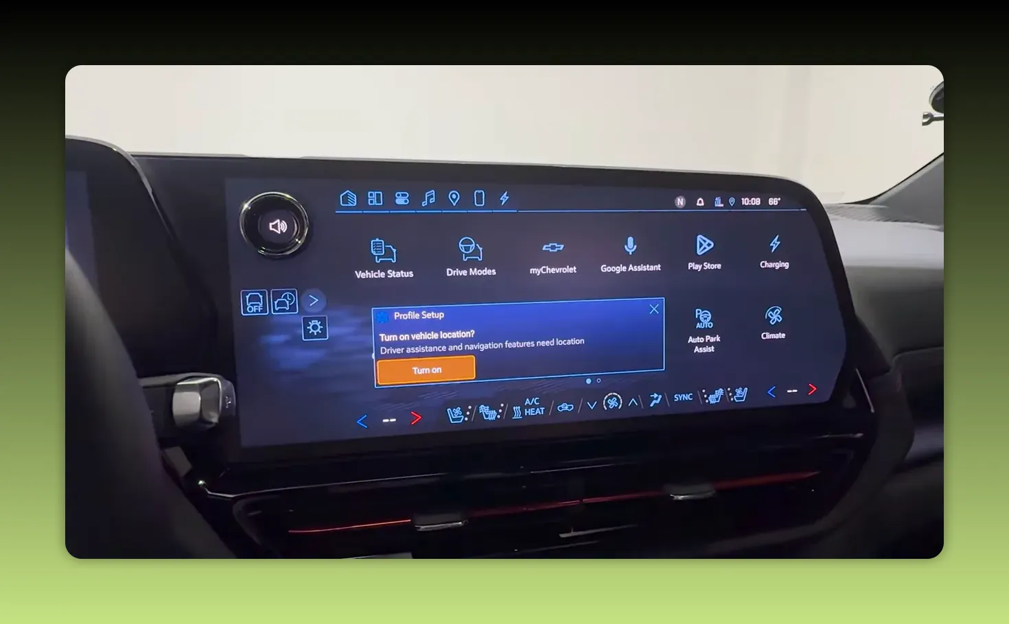 Profile setup prompt on the Silverado EV screen asking to turn on vehicle location with a highlighted 'Turn on' button