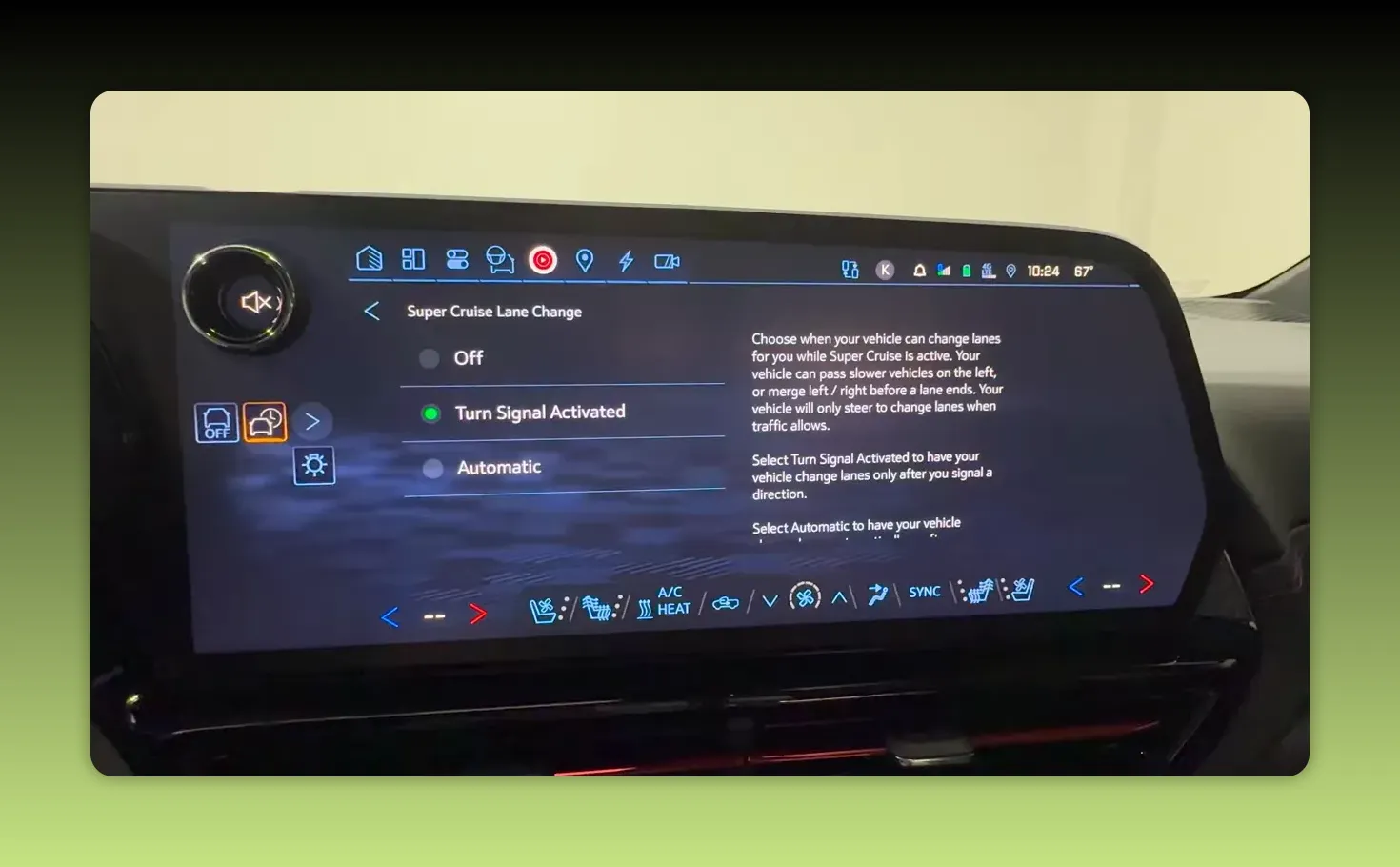 High-clarity infotainment display showing Super Cruise Lane Change selected on 'Turn Signal Activated' with descriptive text and climate control icons below
