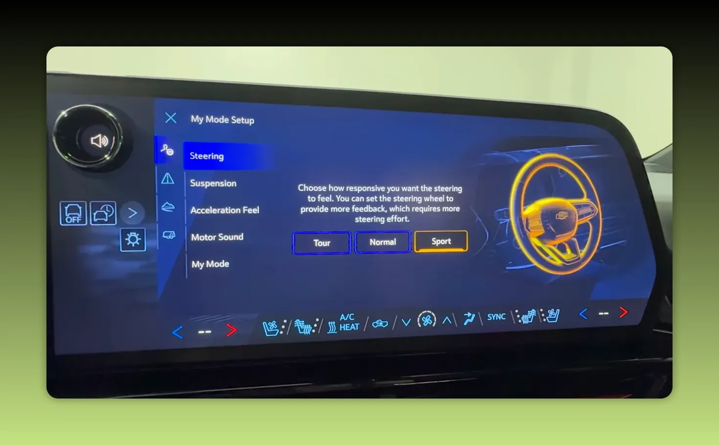 Dashboard touchscreen displaying My Mode Setup for steering, suspension and motor sound