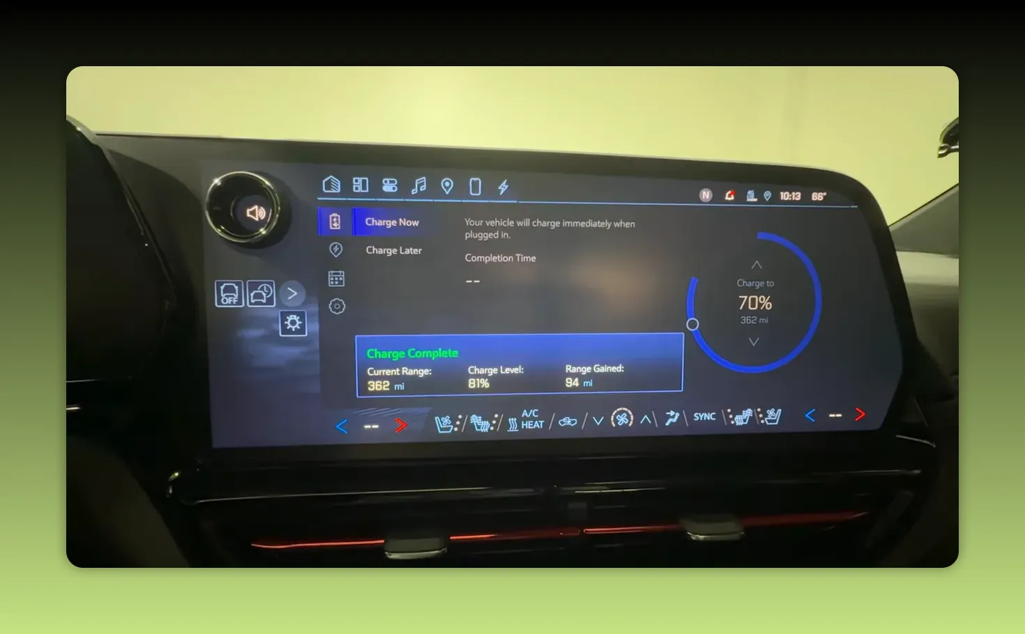 Truck infotainment charging screen with the charge target set to 70% and current charge at 81%.