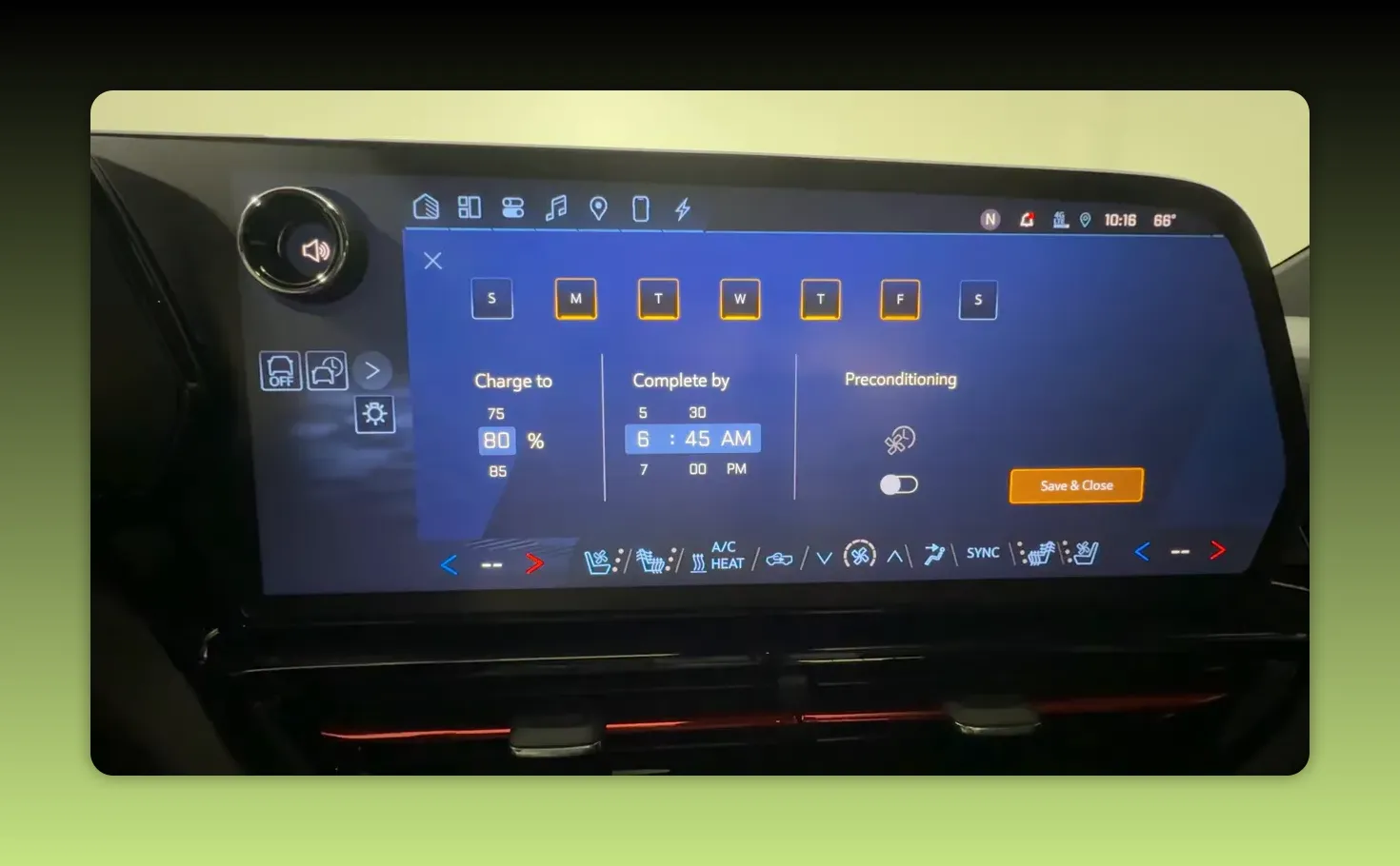 Clear view of Silverado EV infotainment charging schedule showing 80% charge limit and 6:45 AM completion