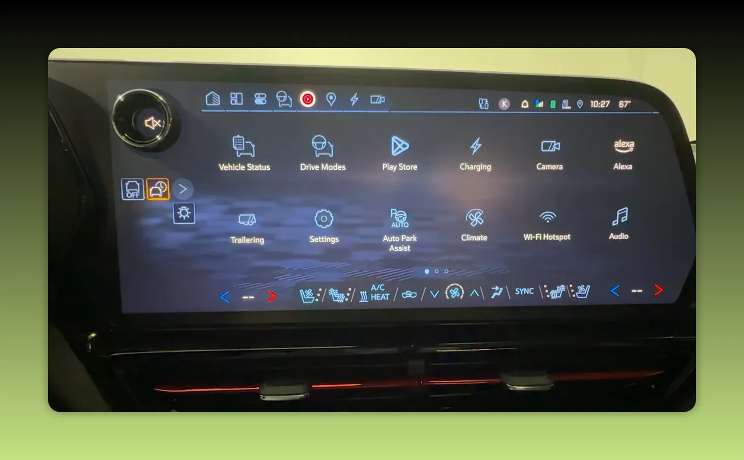 Centered, high‑clarity view of the Silverado EV infotainment home screen showing the app grid and shortcut bar icons along the bottom