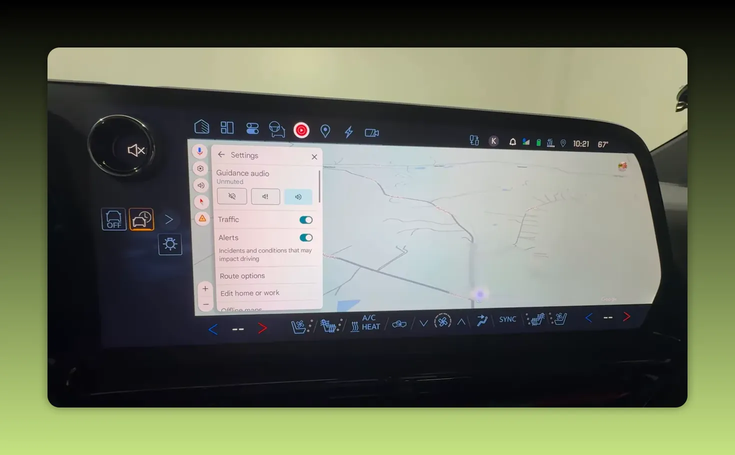Infotainment showing Google Maps Settings with Guidance audio, Traffic and Alerts toggles clearly visible