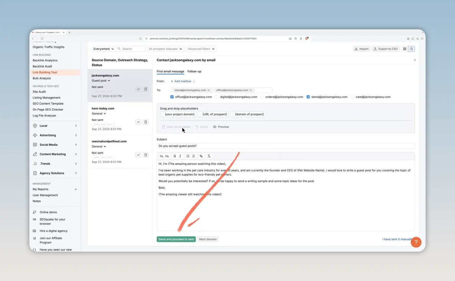Trình soạn email tiếp cận trong Link Building Tool của Semrush