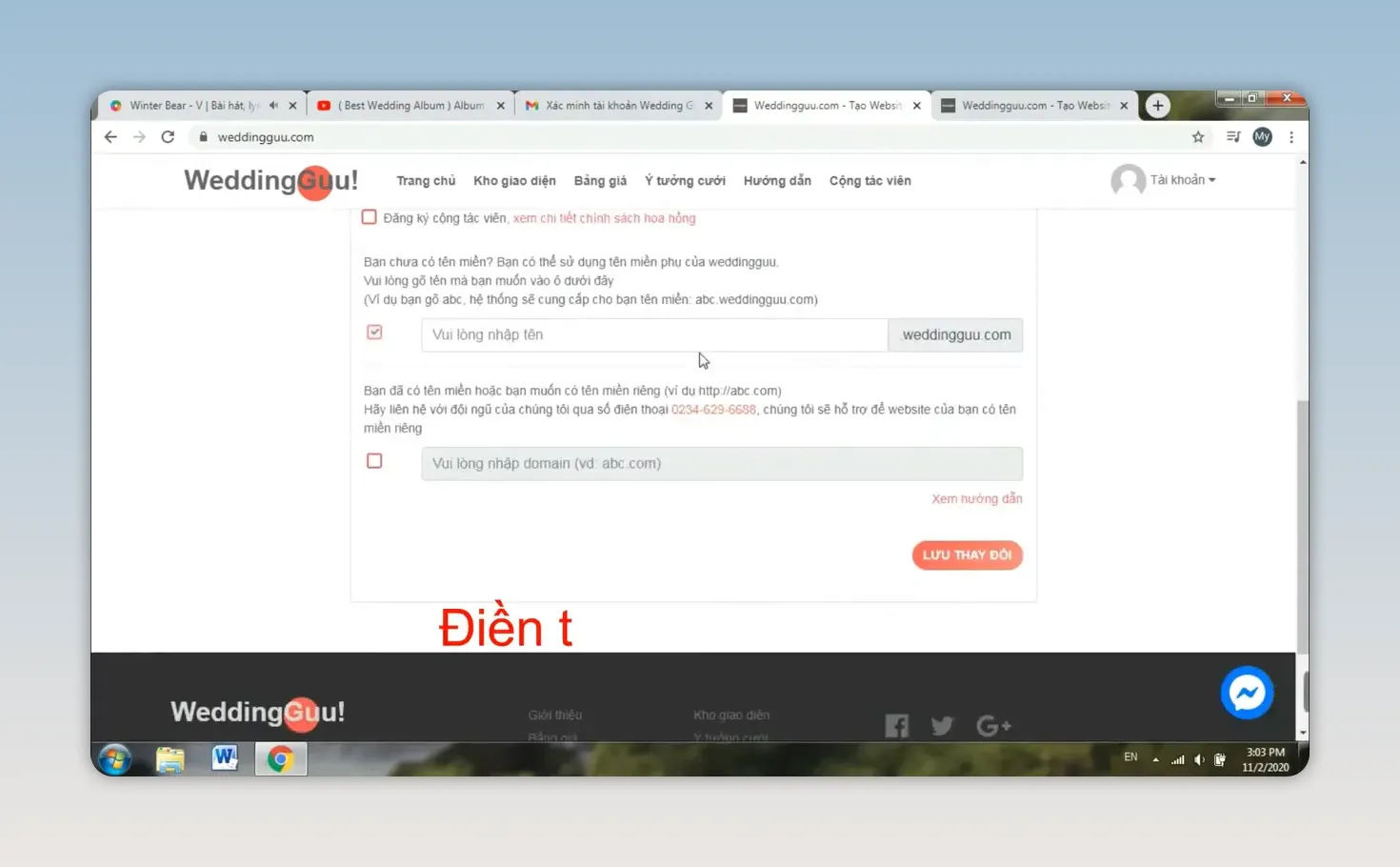 Biểu mẫu thông tin cá nhân có ô nhập tên miền tùy chọn