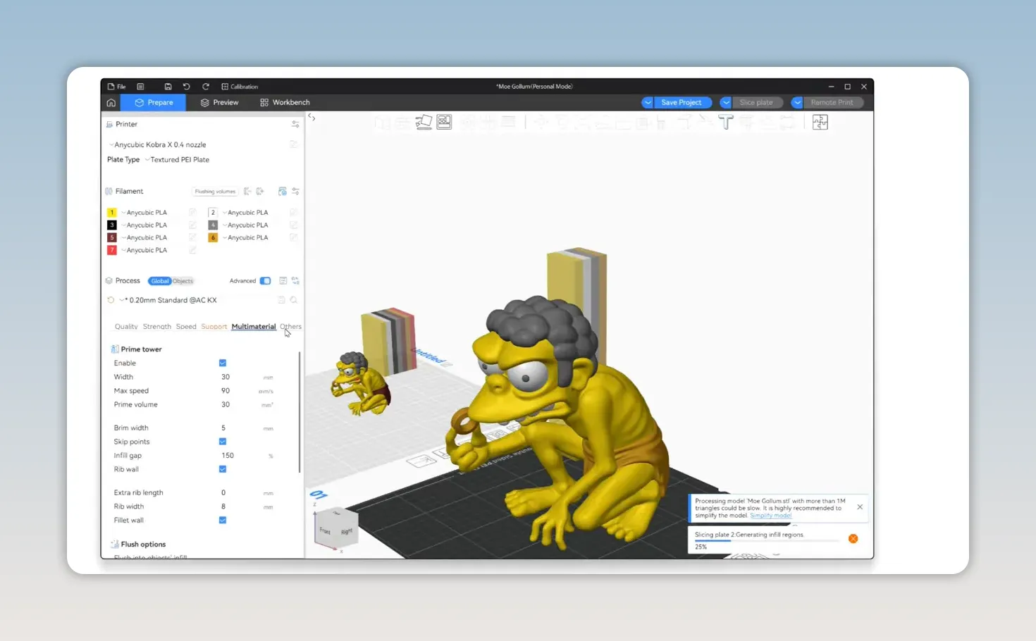 Anycubic Slicer Next showing a four-colour character model with a purge tower and print settings