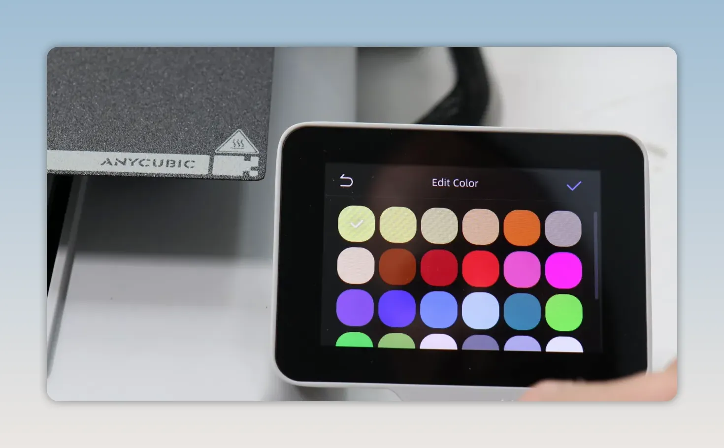 Kobra X touchscreen showing a colour selection grid for filament slots