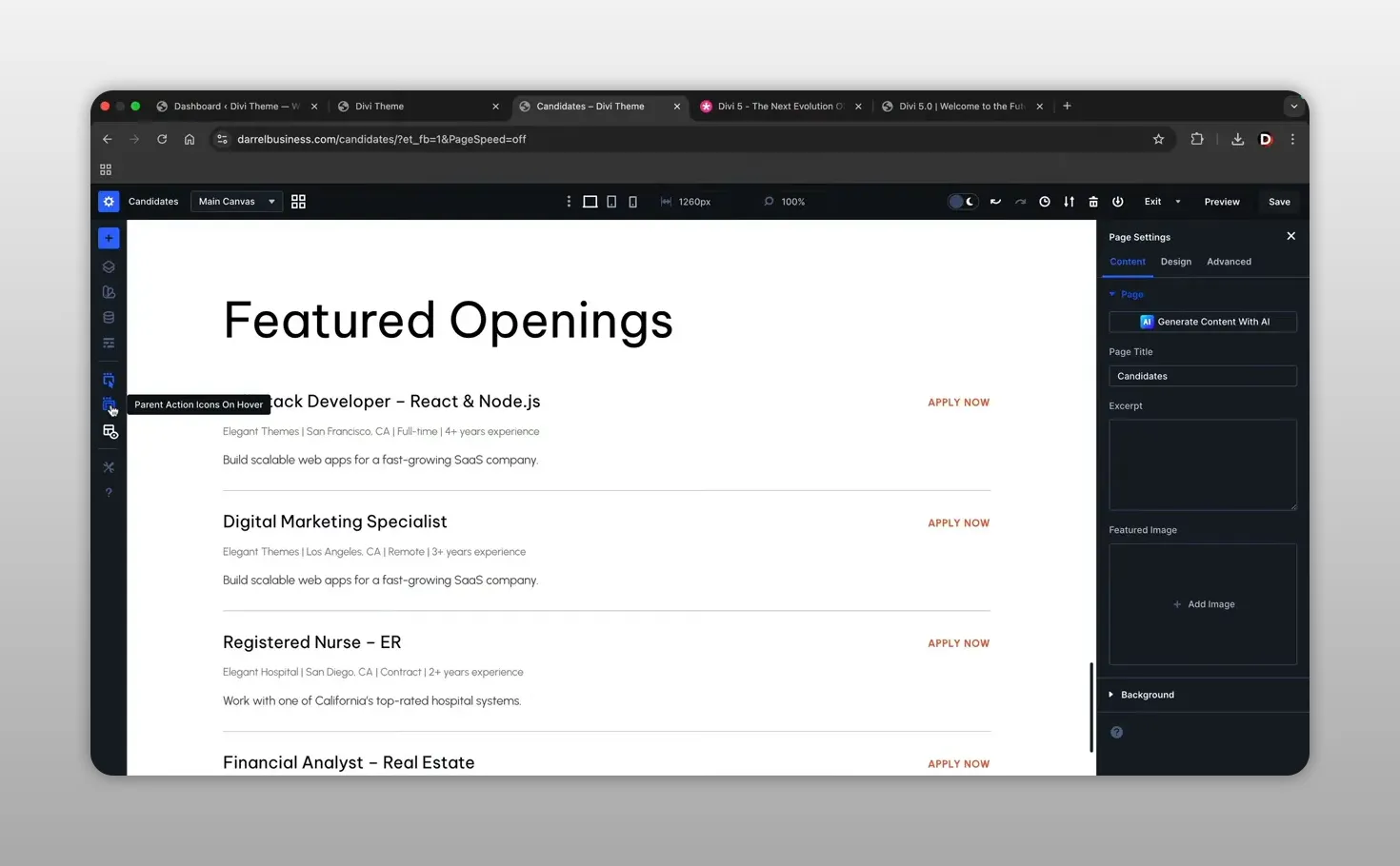 Giao diện Divi Theme Builder hiển thị các hàng thiết lập mẫu màu xanh lá và xanh dương