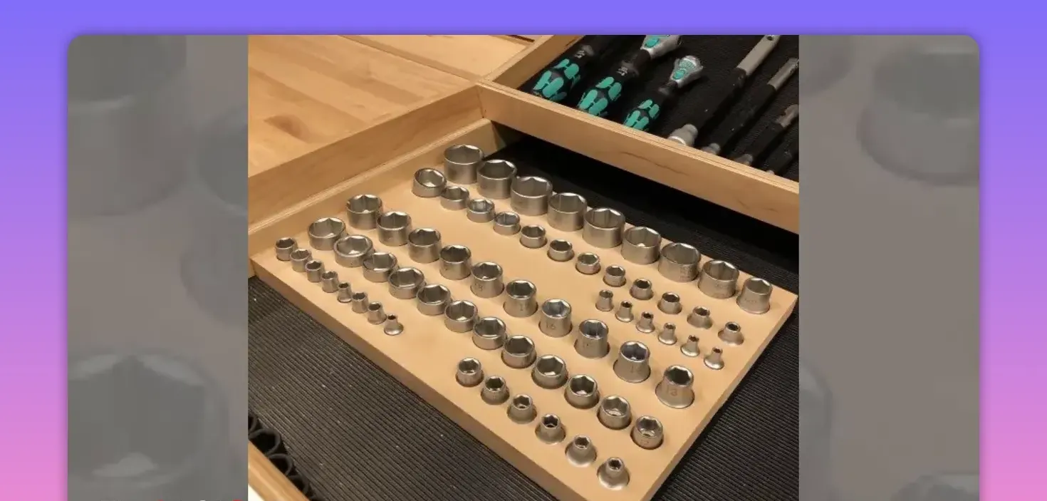 wooden drawer with organized sockets in custom layout