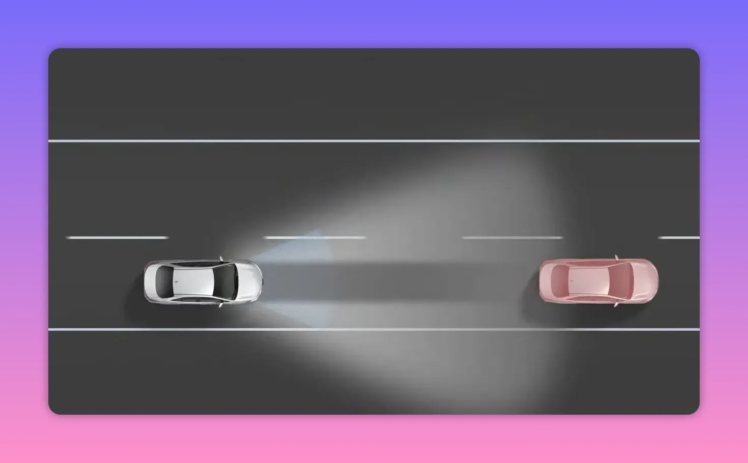 Top-down illustration of a car with high beams and a preceding vehicle showing adaptive dimming