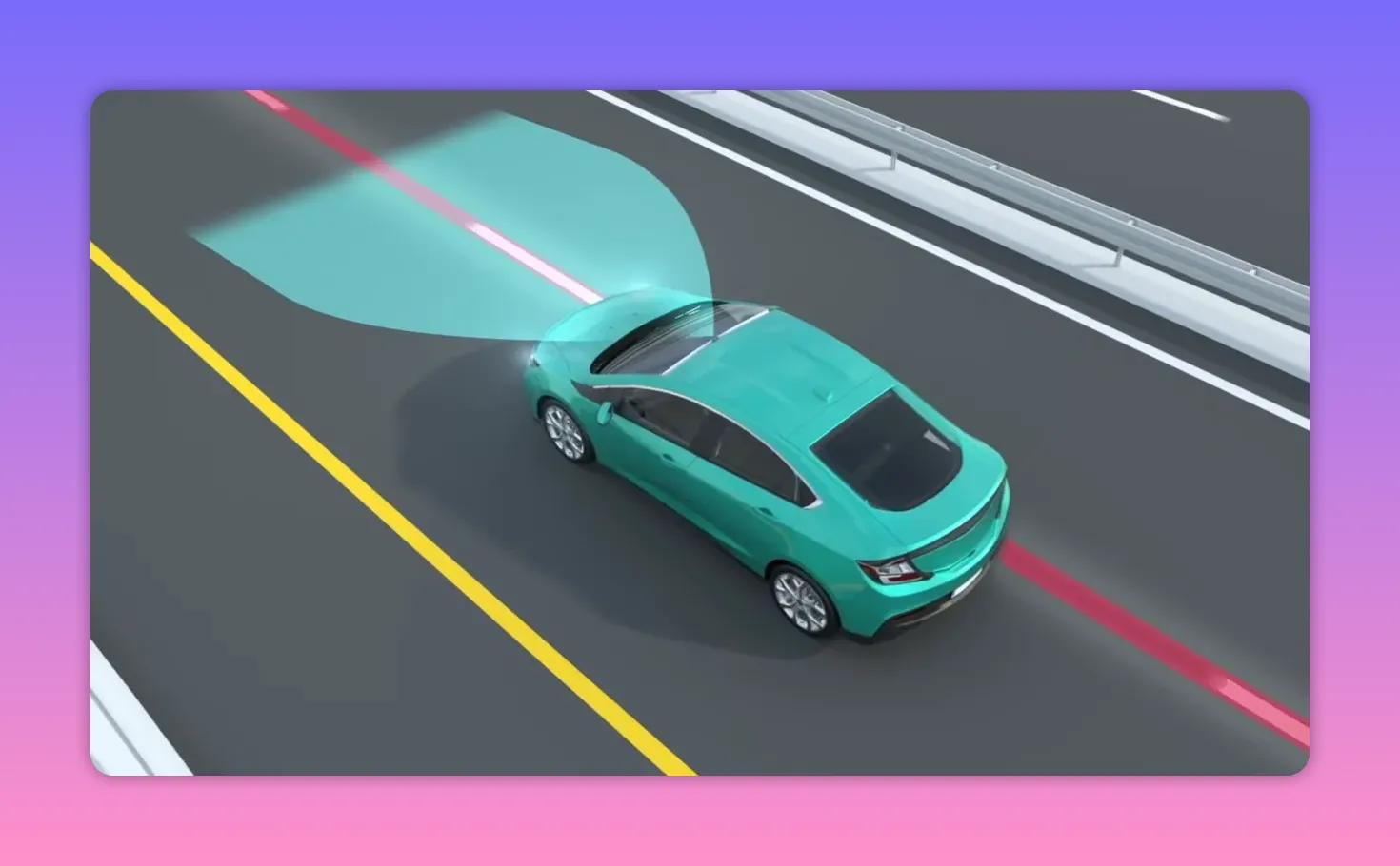 Top-down render of a teal car with a teal sensor cone and a red lane line indicating lane departure