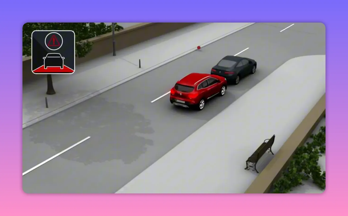 3D animation of a red car close behind a dark car with a red warning icon indicating imminent collision