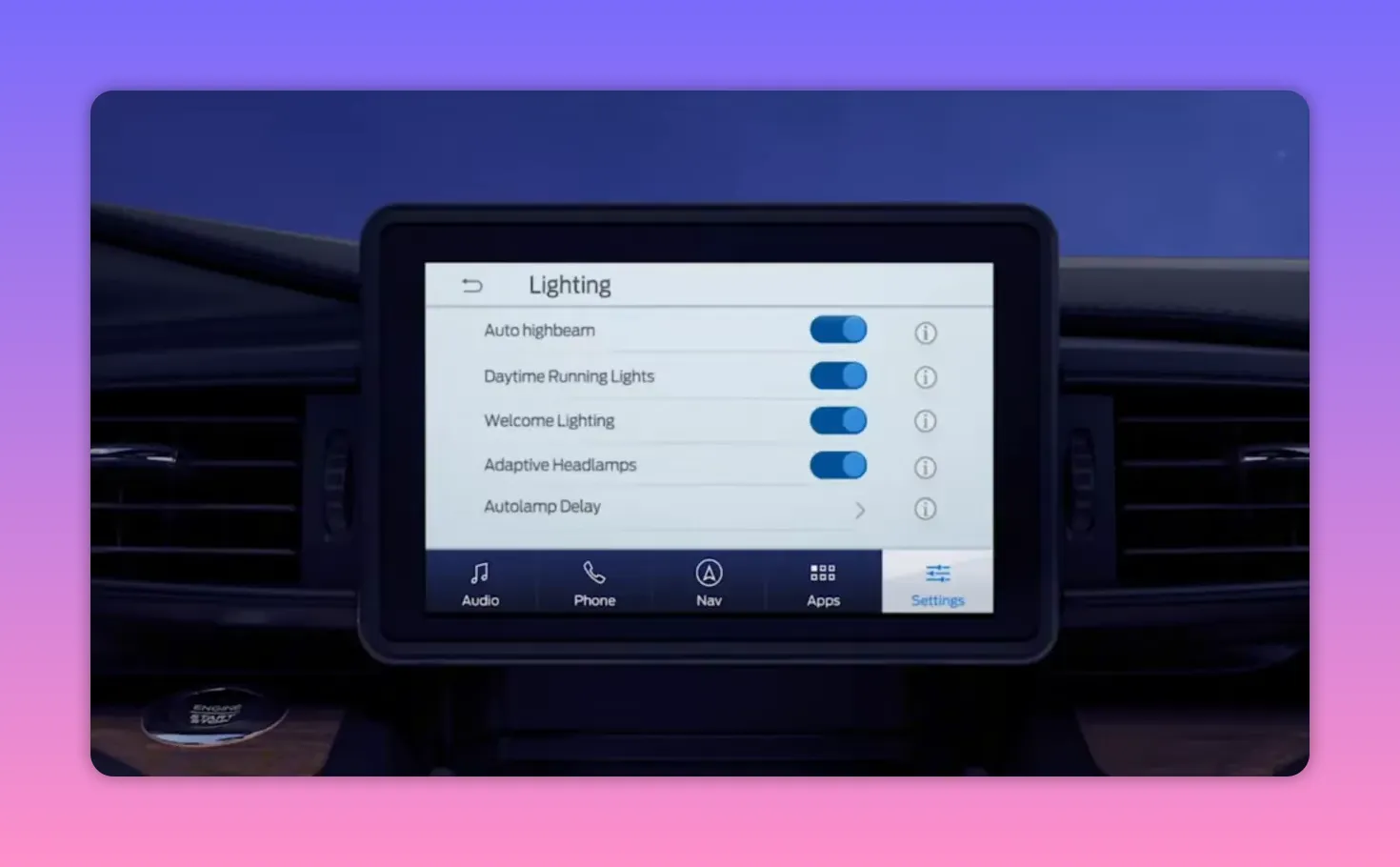 Infotainment lighting settings screen showing Auto highbeam, Daytime Running Lights and Adaptive Headlamps toggles
