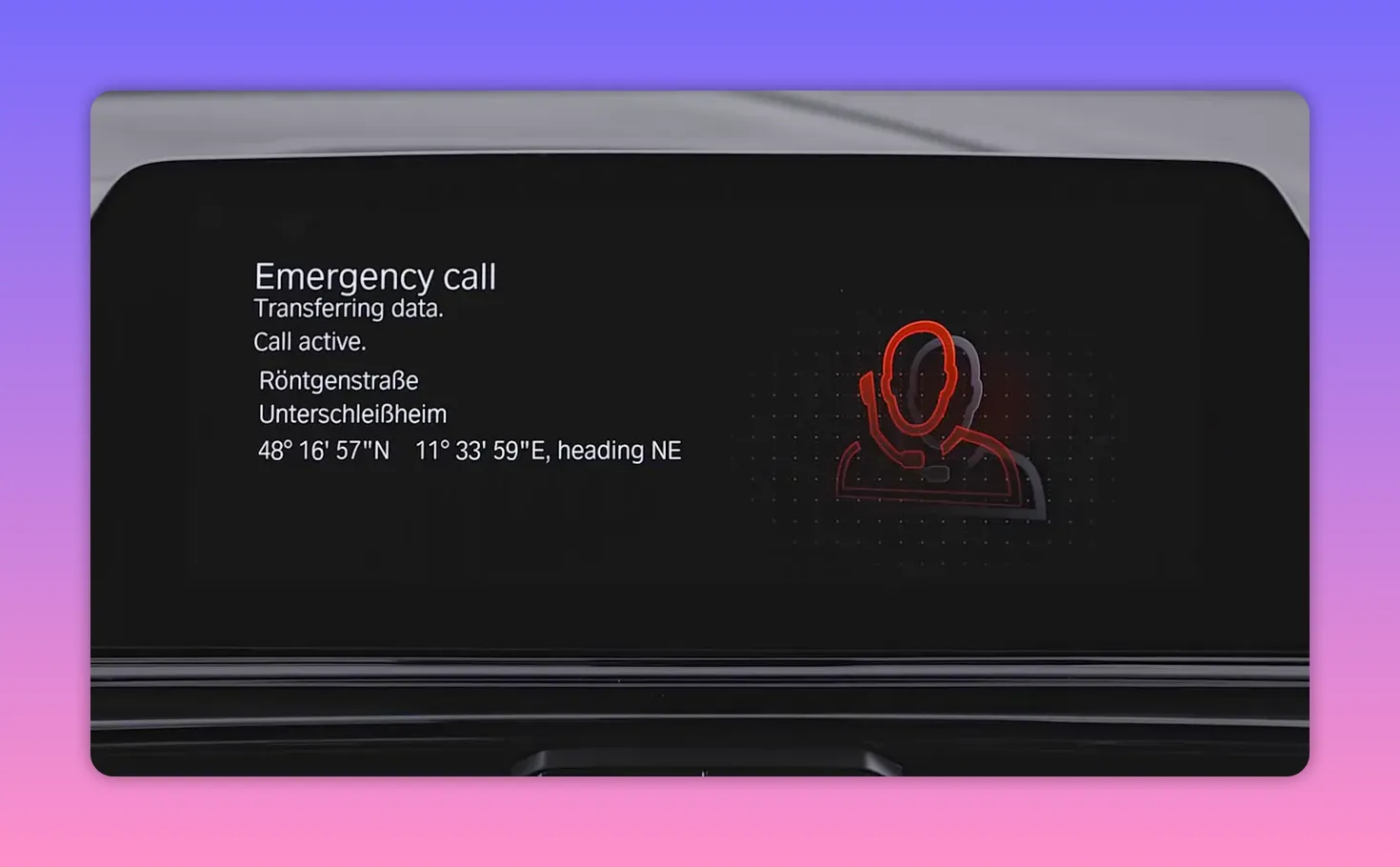 Infotainment display reading 'Emergency call — Transferring data. Call active.' with location coordinates