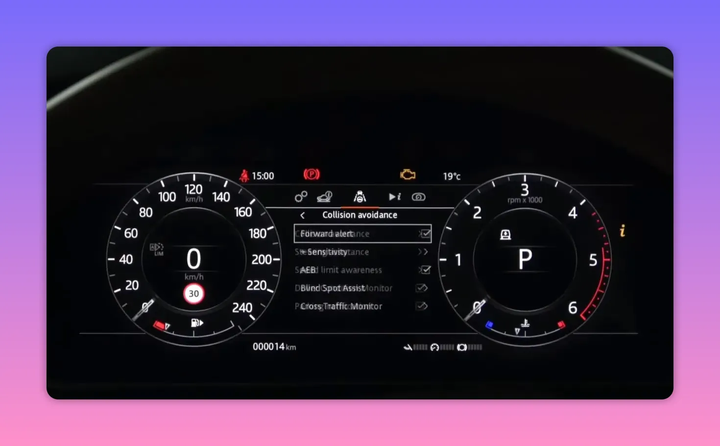 Digital instrument cluster menu titled 'Collision avoidance' listing AEB, blind spot and cross traffic options