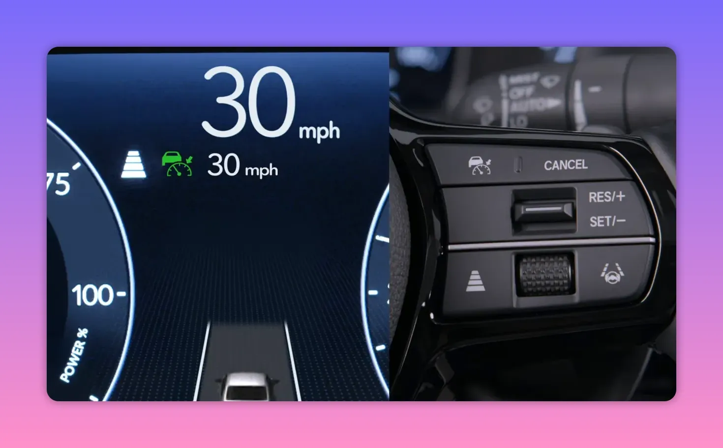 Instrument cluster showing 30 mph with a green adaptive cruise icon and a clear view of the steering‑wheel cruise control buttons used to operate it.