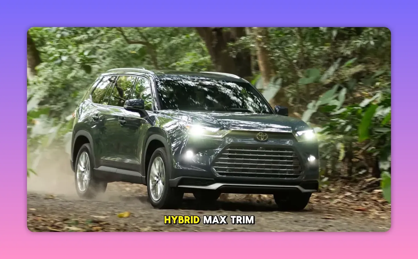 Three-quarter front view of the 2025 Toyota Grand Highlander driving through a forest, headlights on
