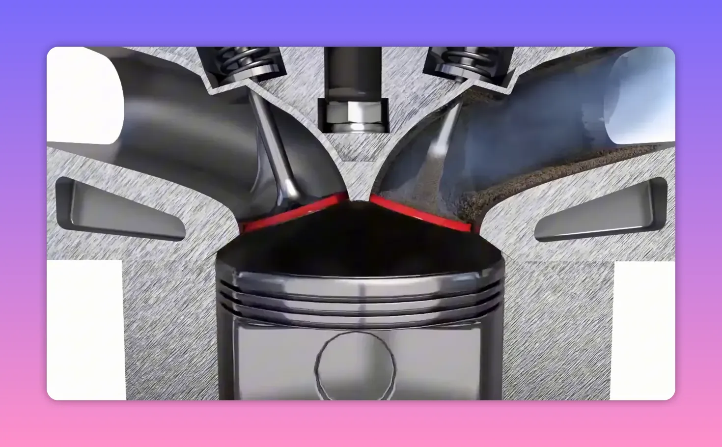 Engine piston cross-section close-up showing piston rings, valves and carbon deposits