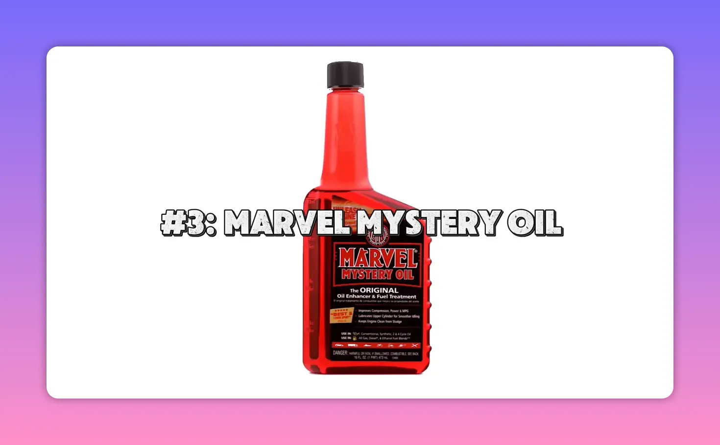 Marvel Mystery Oil bottle product shot with #3 overlay