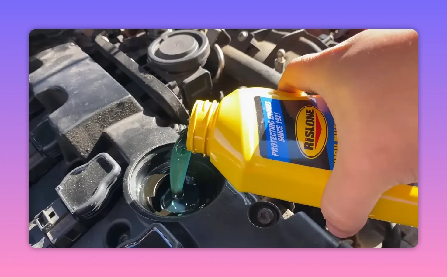 Pouring engine treatment liquid into the engine oil filler opening