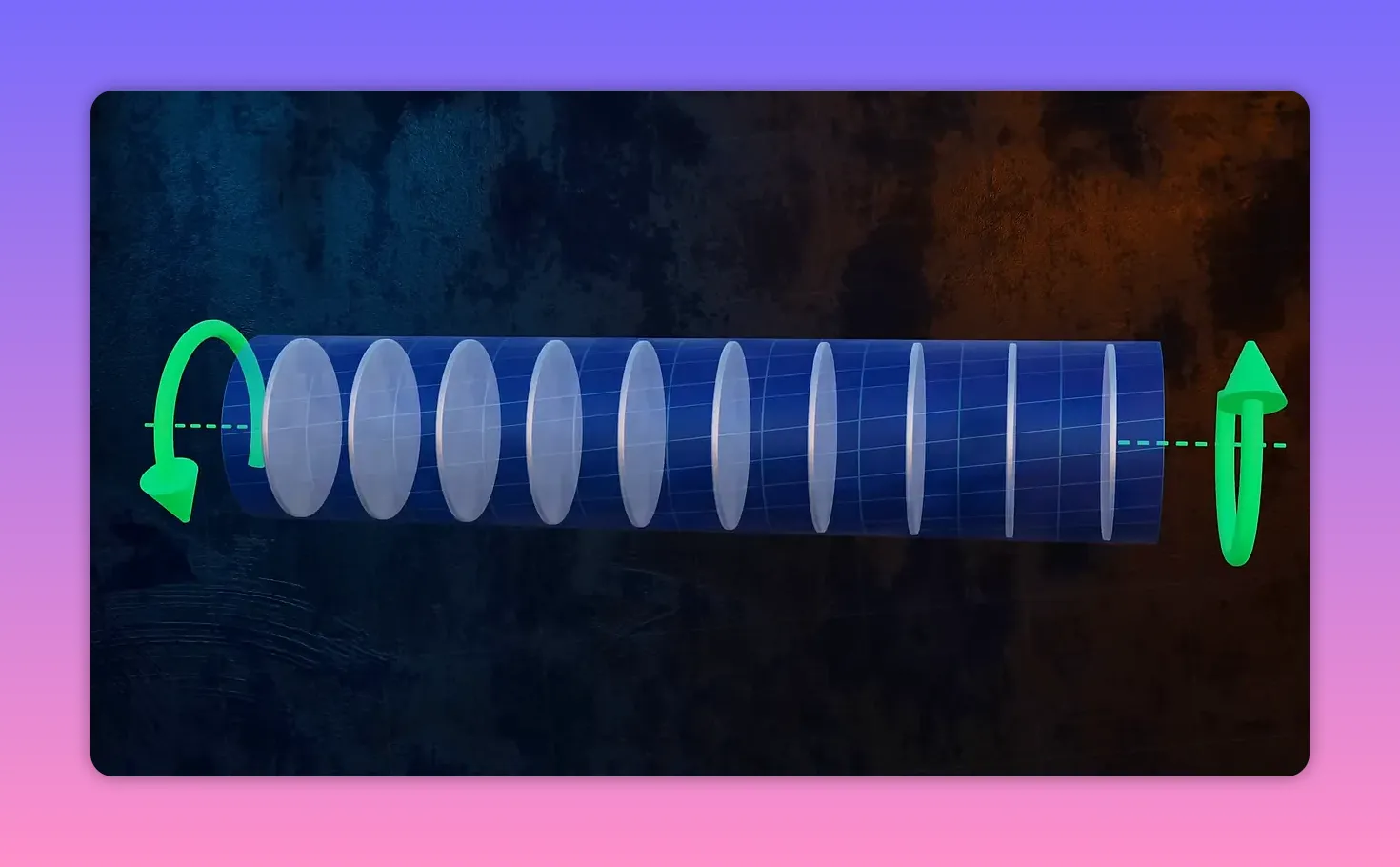 Translucent cross‑section discs along a blue shaft showing sequential rotation, with green arrows indicating applied torques