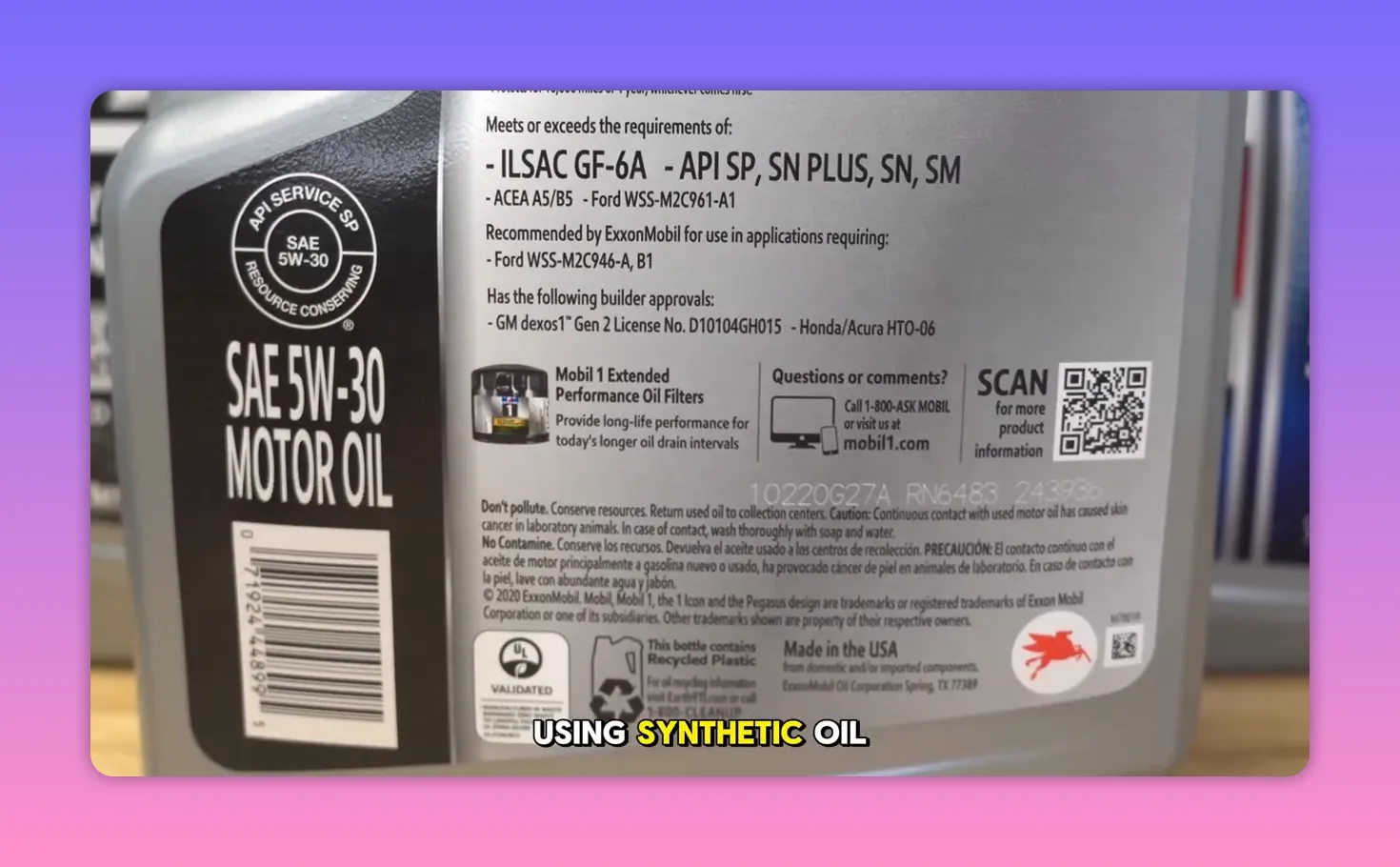 motor oil bottle label clearly showing SAE 5W-30, API specifications and product information